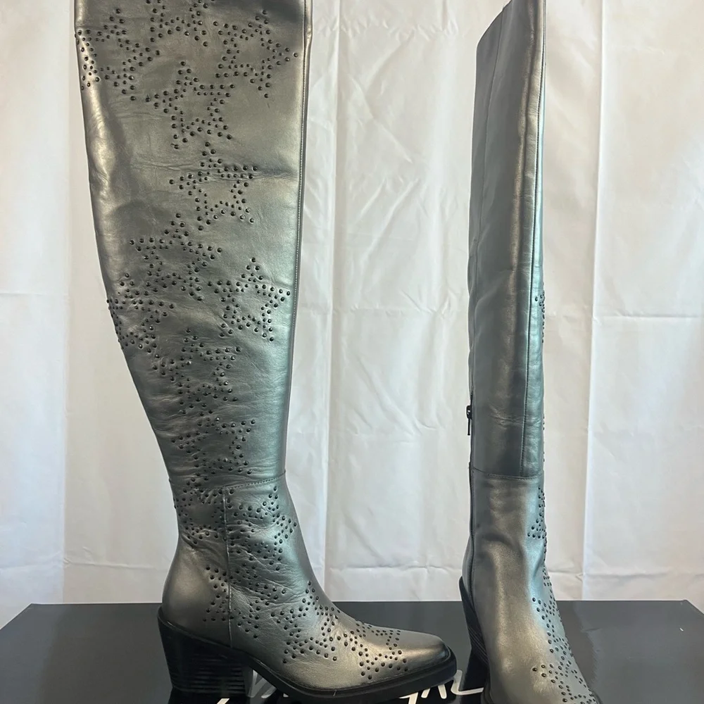NASTY GAL, Genuine Leather, Gun Metal, Star studded Over the knee high Boots - Picture 3 of 14